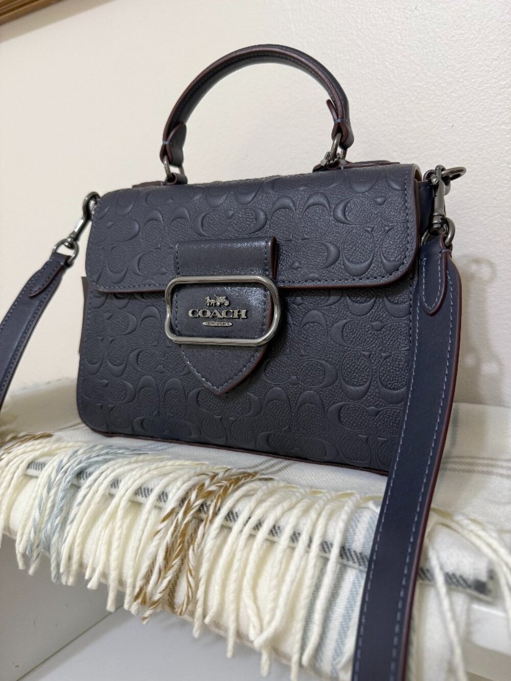 Coach Navy Embossed Top-Handle Satchel with Removable Strap